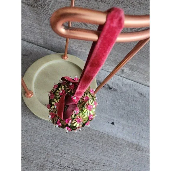 Vintage Christmas Ornament 1960s Velvet Beaded Push Pin Embellish Green Pink - Picture 2 of 10